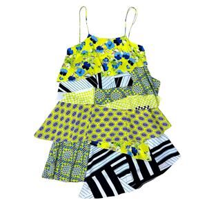 MSGM Milano Yellow Mixed Floral Stripe Print Pattern Layered Tiered Mini Dress